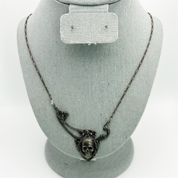 Gothic Skull Pendant Necklace Dark Romantic Victorian Style Statement 19 inches